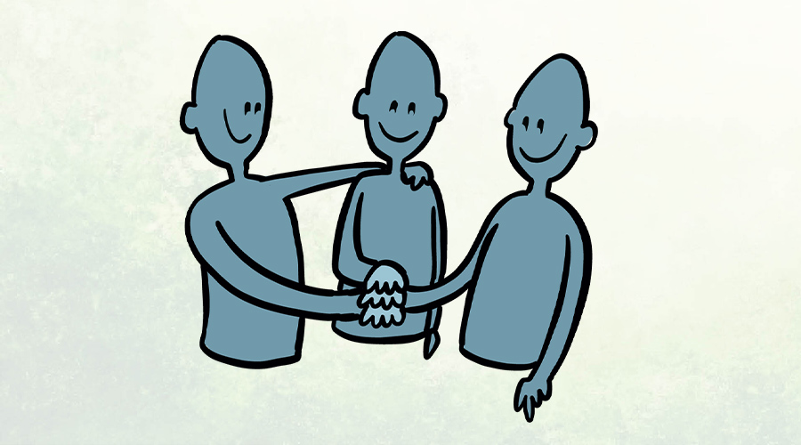 grafisk tegning af tre personer, der lægger hænderne sammen som "sammenhold".